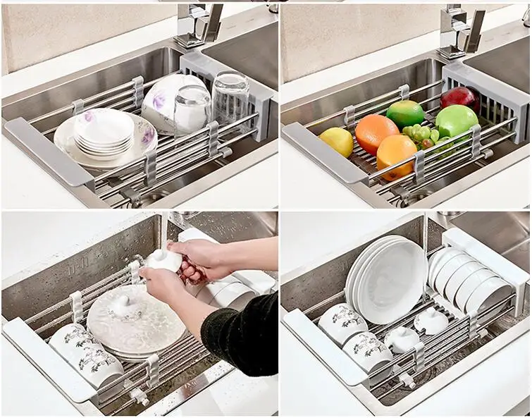

Retractable Stainless Steel Drain Basket Shelf Telescopic Fruit vegetable Bowl Chopsticks Sink Drainboard Storage Rack
