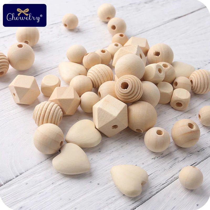 45pc Geometric Wooden Beads Pacifier Clips Chain Chewable Spacer Beads DIY Bracelet Necklace Accessories For Kids Wooden Teether