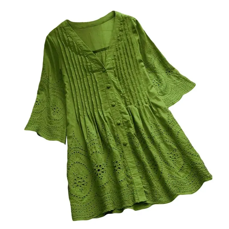 

2019 Women's Plus Size Summer Elegant Embroidery Cotton Blouse Hollow Female V Neck Button Shirts Pleated Tunic Summer Tops M-5X
