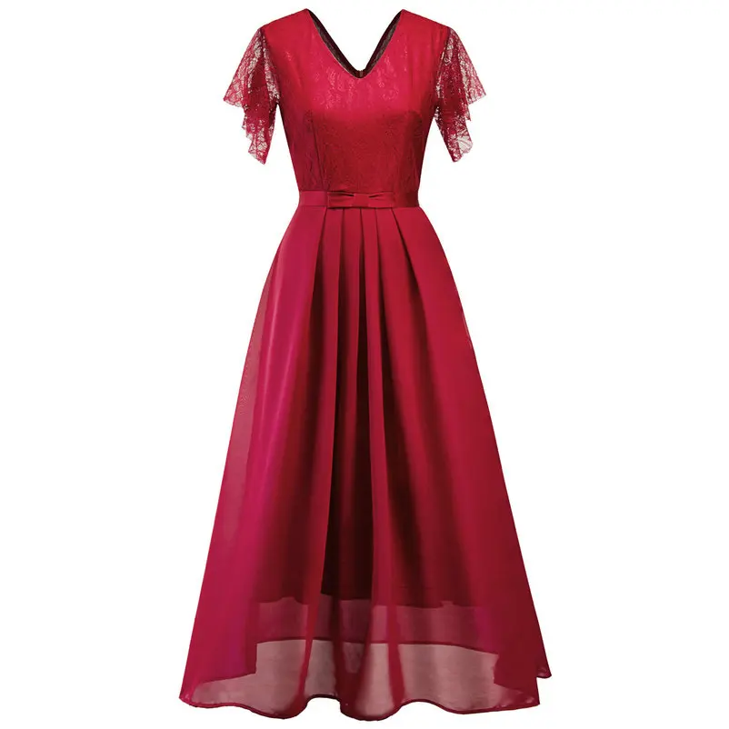 Для женщин вечернее с цветочным рисунком, кружевное, с коротким рукавом Вечеринка Макси платье Для женщин халат элегантное платье с V-образным вырезом шифоновые длинные платья - Цвет: red