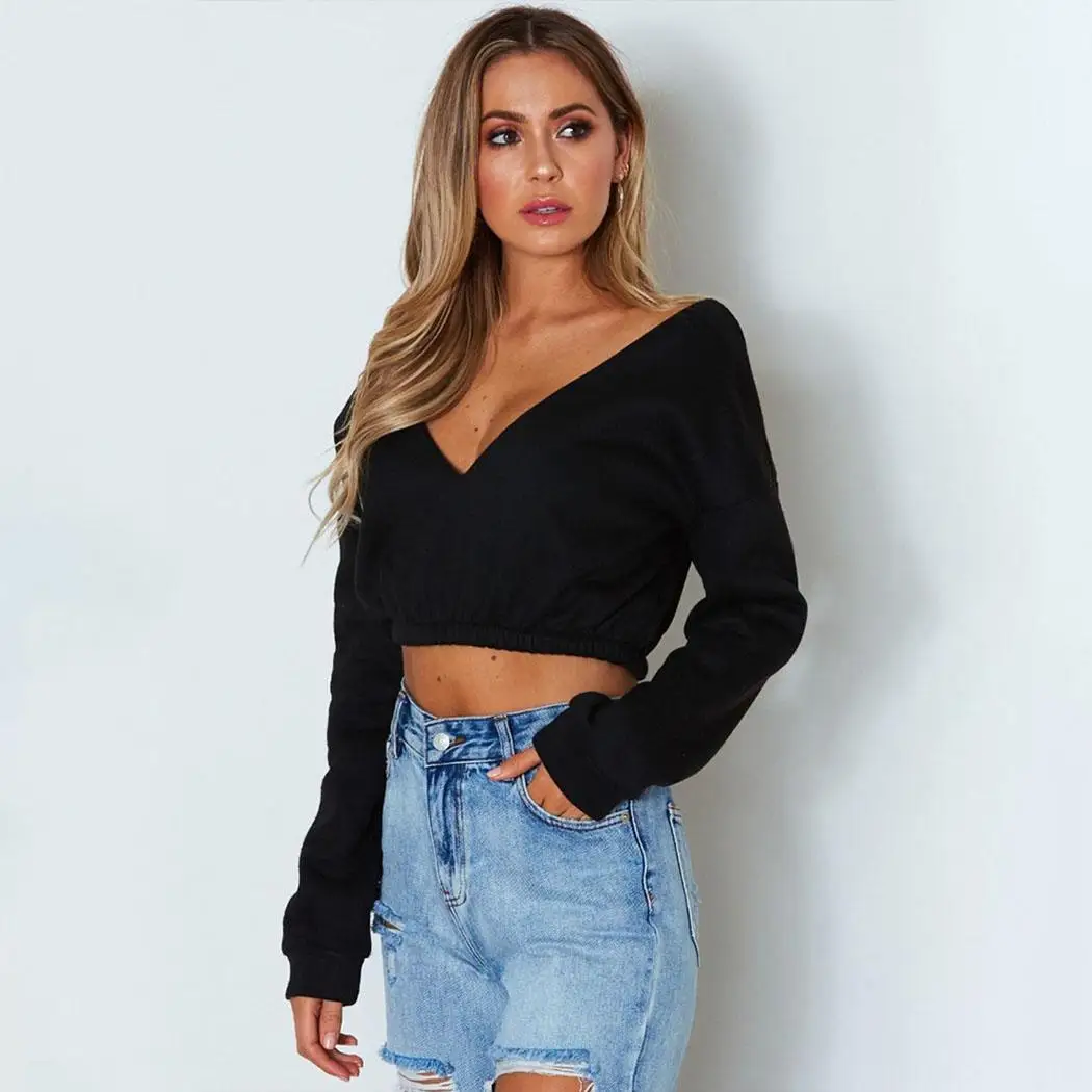 

New Fashion Women Casual Off Shoulder Long Sleeve None Bare Belly Solid Shoulder, Short Button Sweatshirt