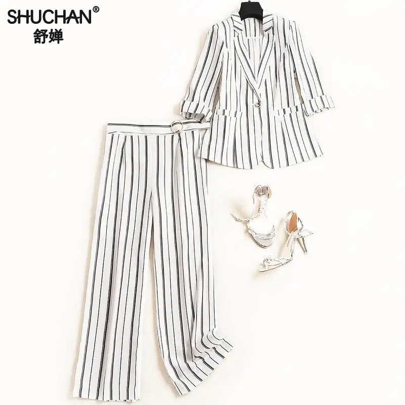 

Shuchan Conjuntos Femininos Duas Pecas Formal Striped Summer Women's Suits Blazer+ Ankle-length Pants Ensemble Femme 50763
