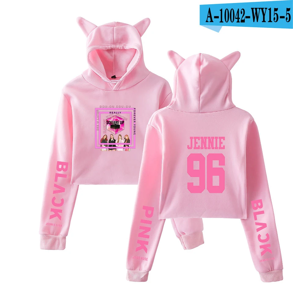 pink KELUOXIN Kpop Blackpink Kawaii толстовка с кошачьими ушками член Дженни вентиляторы Толстовка Женский сексуальный пупок укороченный топ толстовки Kpop Blackpink - Цвет: pink