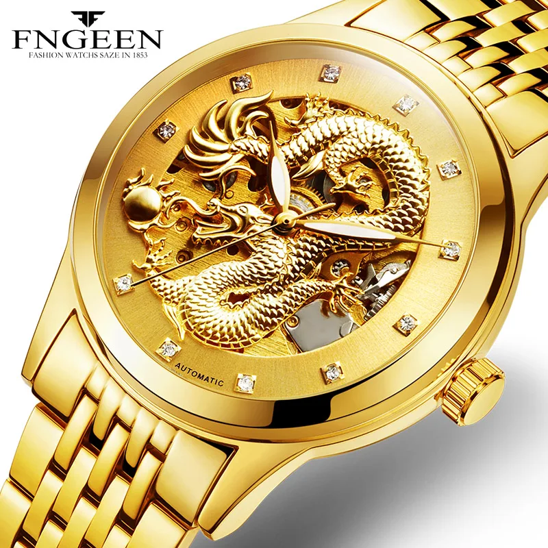 

FNGEEN Top Brand Luxury Automatic Golden Mechanical Watch Men Stainless Steel Strap Skeleton Men Watches relogio masculino