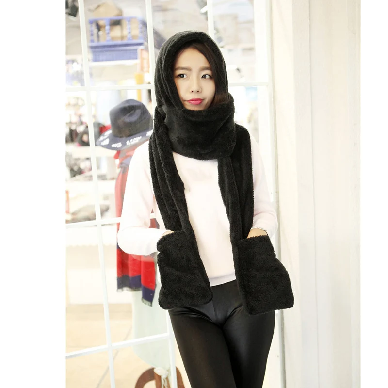 3 in 1 Women Winter Warm Soft Hooded Scarf Snood Pockets Gloves Scarfs Hat Best Sale-WT