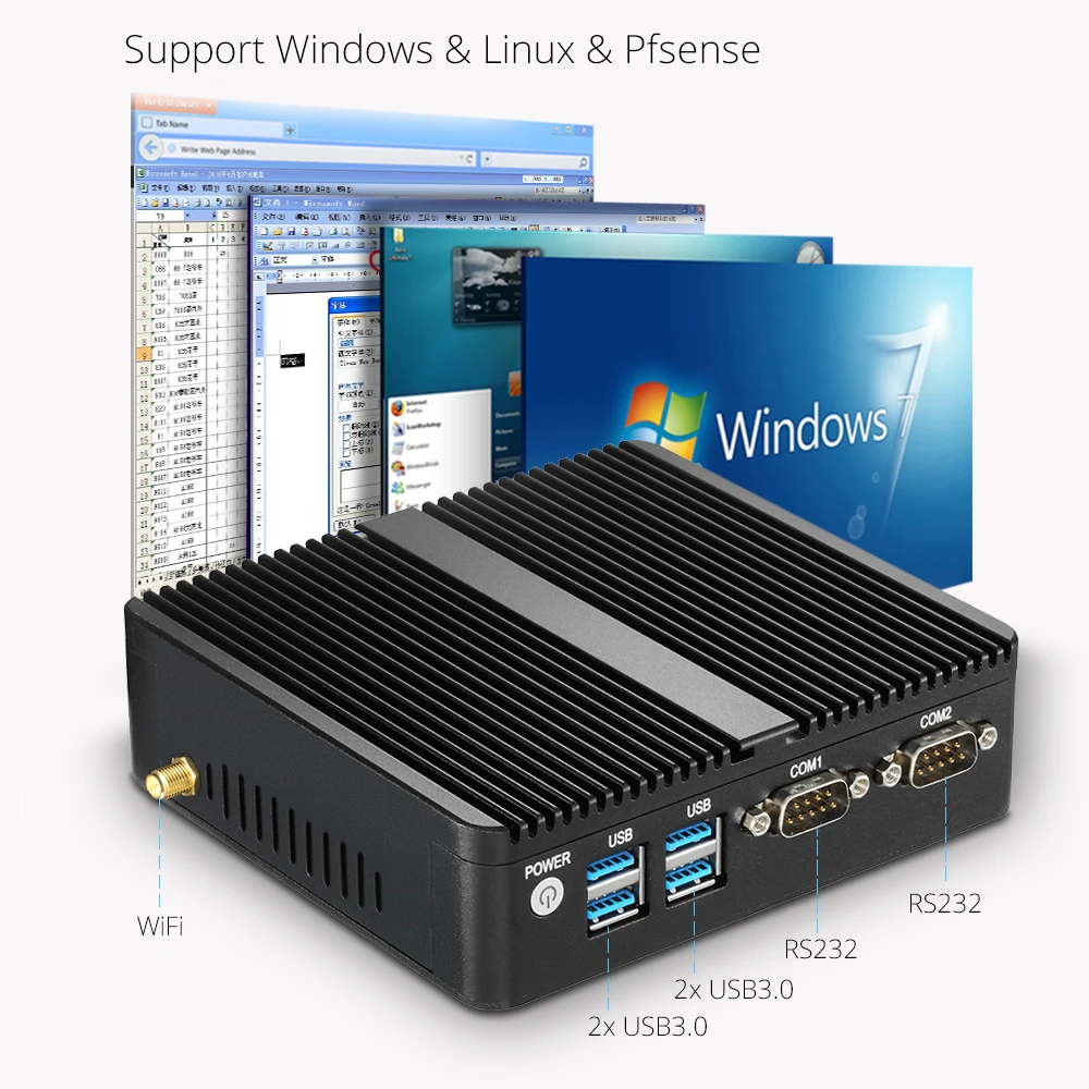 XCY безвентиляторный мини ПК Intel Pentium 3805U Windows Linux Dual NIC Gigabit Ethernet 2* RS232 HDMI VGA 4* USB WiFi промышленный микро ПК