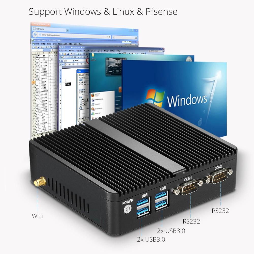 XCY sin ventilador Mini PC Intel Pentium 3805U Windows Linux Dual NIC Gigabit Ethernet 2 * RS232 HDMI VGA 4 * USB WiFi Industrial Micro PC
