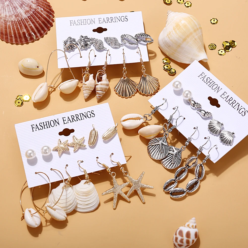 

IF ME Vintage Fashion Cowrie Shell Conch Drop Earrings Set For Women Boho Starfish Gold Metal Dangle Earring Jewelry 2019 NEW