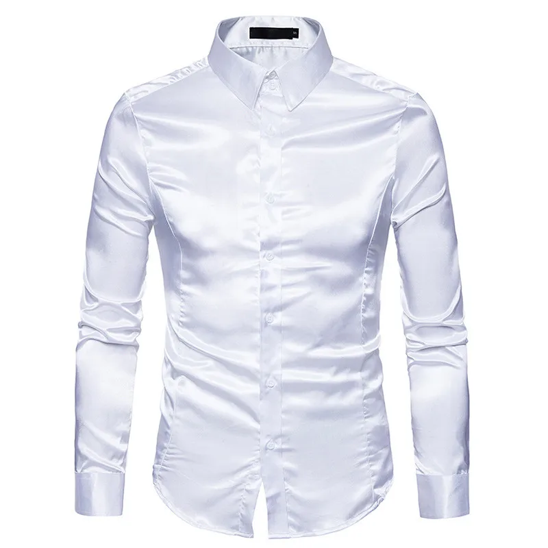 Мужская белая шелковая рубашка модный, Шелковый, сатиновый, мужская рубашка, повседневная приталенная рубашка с длинным рукавом, мужские рубашки Camisa Masculina