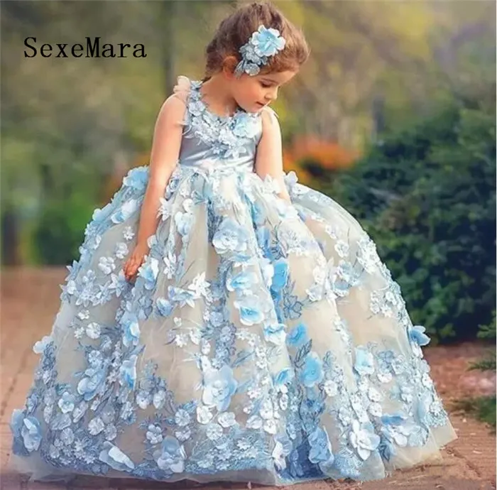 

Sky Blue Little Girls Fluffy Pageant Dresses Jewel Neck Girls Pageant Dresses Fairy 3D Floral Appliques Flower Girls Dresses