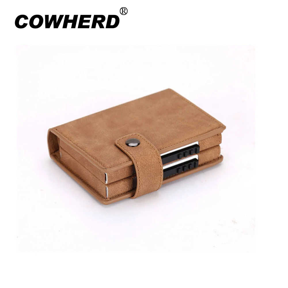 

Men PU Leather Double Metal RFID Wallet Pop Up Credit Card Case Holder Aluminum Blocking Women Mini Vintage Hold 12 Cards Purse