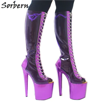 Sorbern Transparent Pvc Knee High Boots Cross Strap Platform Open Toe Shoes Females High Heel Custom Color Shiny Fetish Shoes Sorbern Transparent Pvc Knee High Boots Cross Strap Platform Open Toe Shoes Females High Heel Custom Color Shiny Fetish Shoes