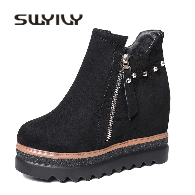 SWYIVY Platform Ankle Short Boots Woman Winter Shoes 2018 Autumn Fur Warm Casual Shoes Rivet Female Black Snow Boots Wedge