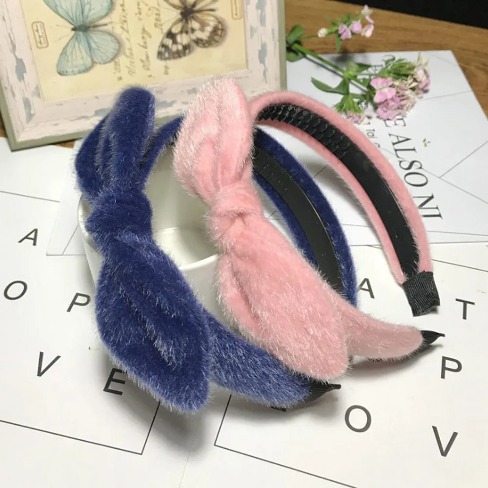 

2019 Winter Warm Hairband Hair Accessories Solid Bow Knot Headband Cute Rabbit Ears Headwear Mink Fur Hair Hoop