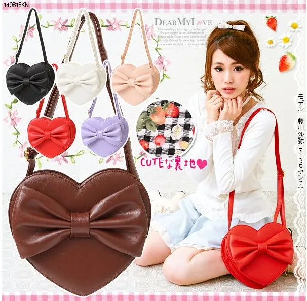 

Harajuku Bow Heart Shaped Women Shoulder Crossbody Bag PU Leather Girl Messenger Bag Cosplay Party Clutch Bolso femenino 2019