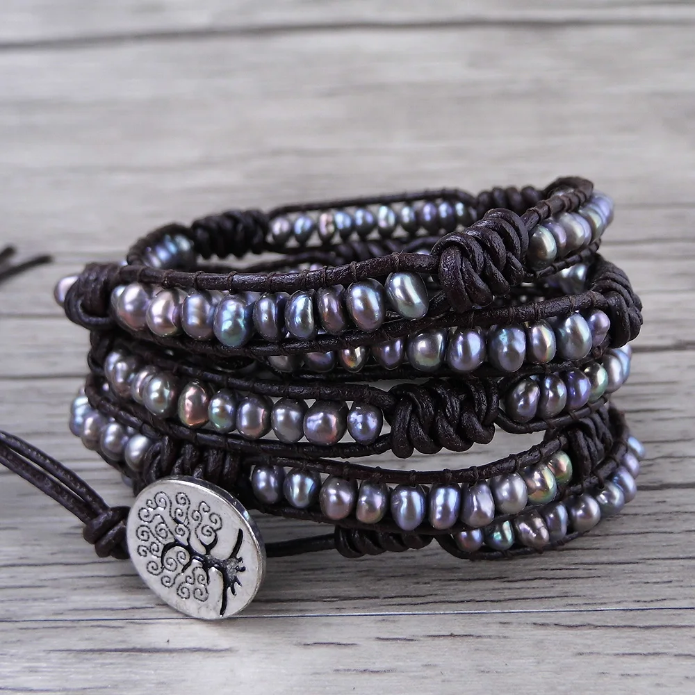 

Grey pearl beads bracelet Leather Boho Wrap Bracelet Grey 6mm Real Freshwater Pearl Bracelet 5 Wraps Jewelry yoga jewelry