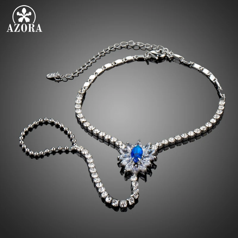 AZORA New Hand Blue Flower Bracelet Women Fashion Slave Bracelet Connect with Finger Palm Bracelet Chain Crystal Handlets TS0178