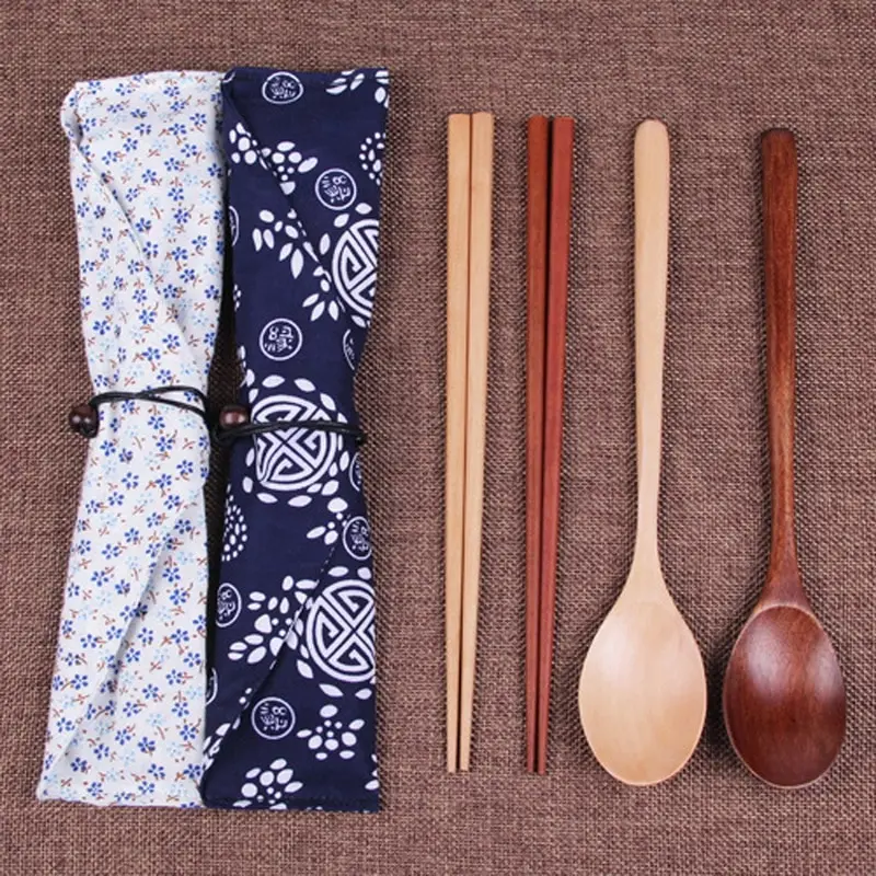 

Japanese Style Wooden Dinnerware Set Fork Knife Spoon Bamboo Cutlery Set With Cloth Bag Kitchen Cooking Tools Dropshipping A
