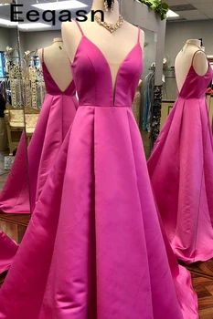 

New V Neck A-Line Spaghetti Straps Satin Fushcia Prom Dress Pleated Back Open vestidos de festa Long Prom Dresses 2020