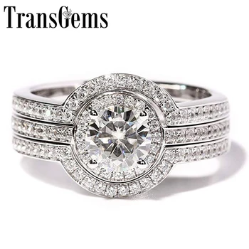 

TransGems 1 Carat F Colorless Lab Moissanite Wddding Ring Set Genuine Diamond Accents 14K White Women Anniversary Bridal Set