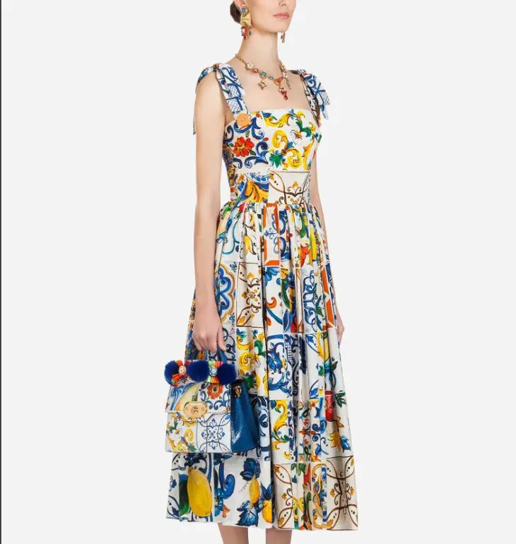 

2019 Runway Women's Tie straps Rear bodice with smock stitch multi-colored Sicilian Majolica Print Blue Long Midi Dress sundress