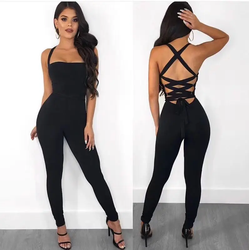 Solid Nude Sexy Backless Black Bandage Jumpsuit 2018 Celebrity Designer Fashion | Женская одежда