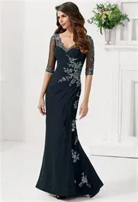 2015-New-Chiffon-Appliques-Natural-Vestido-Hot-Sales-V-neck-Half-Sleeves-Mermaid-Evening-Dresses-With