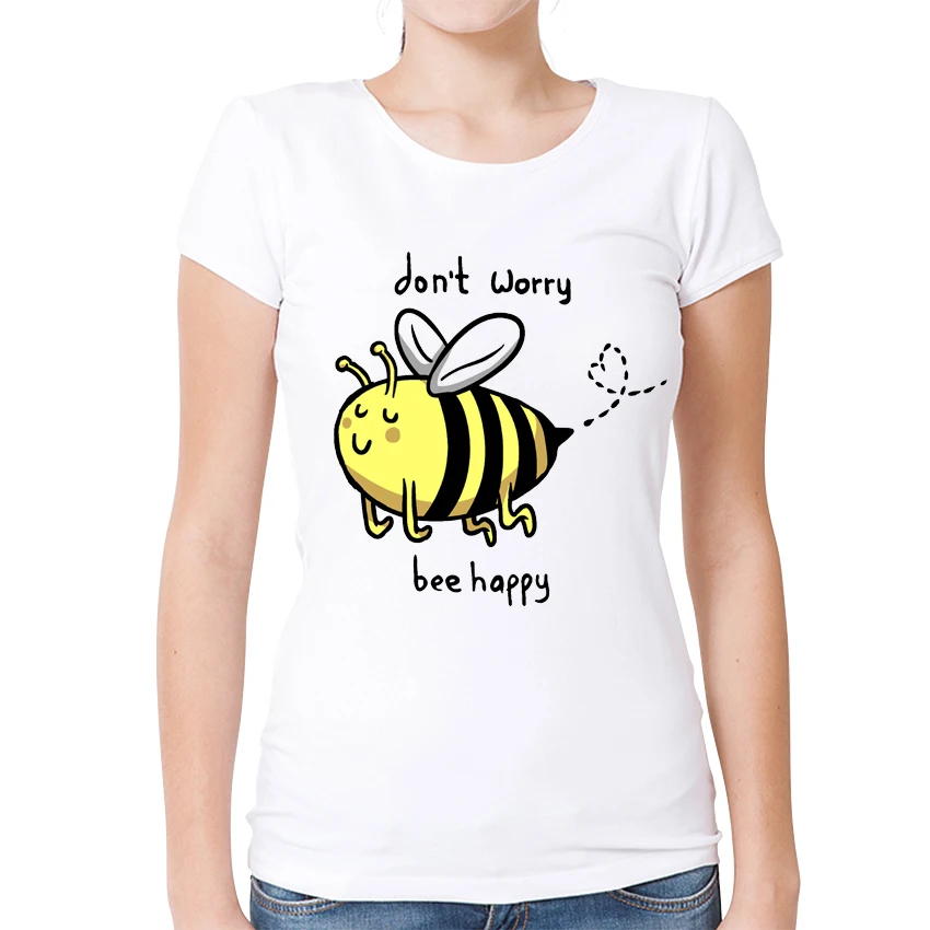 Женская футболка с принтом Happy Bee белая Повседневная коротким рукавом лето