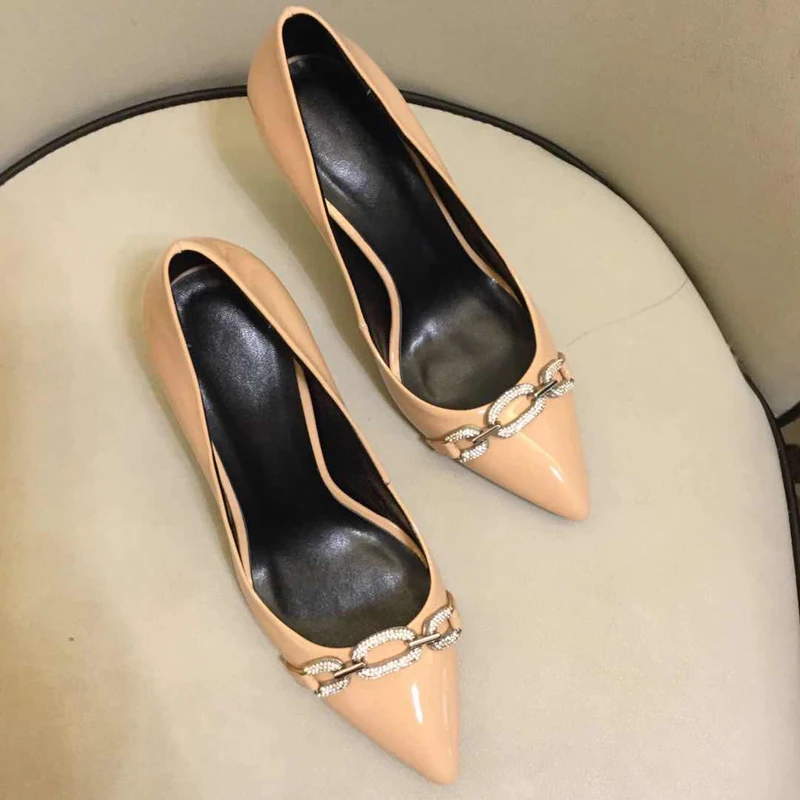 black Dedo Pie Cadena De Moda Color Genuino Del Imitación Mujeres 2019 Diamantes Mujer Cuero Zapatos Knsvvli nude Tacón Las Plata Puntiagudo Silver Alta 7xnBOww