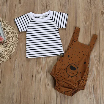 

Infant Baby Striped T-Shirt Tops+Cartoon Bear Suspenders Romper Outfits Baby Set Erkek Bebek Giyim Baby Girl Summer Clothes