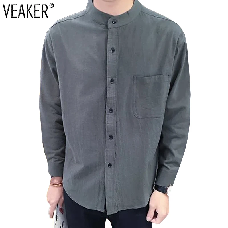 2018 جديد الرجال الكتان قمصان الصينية اليوسفي طوق القطن الكتان قميص الذكور الخريف عارضة طويلة الأكمام الأبيض أسود الكتان قمصان