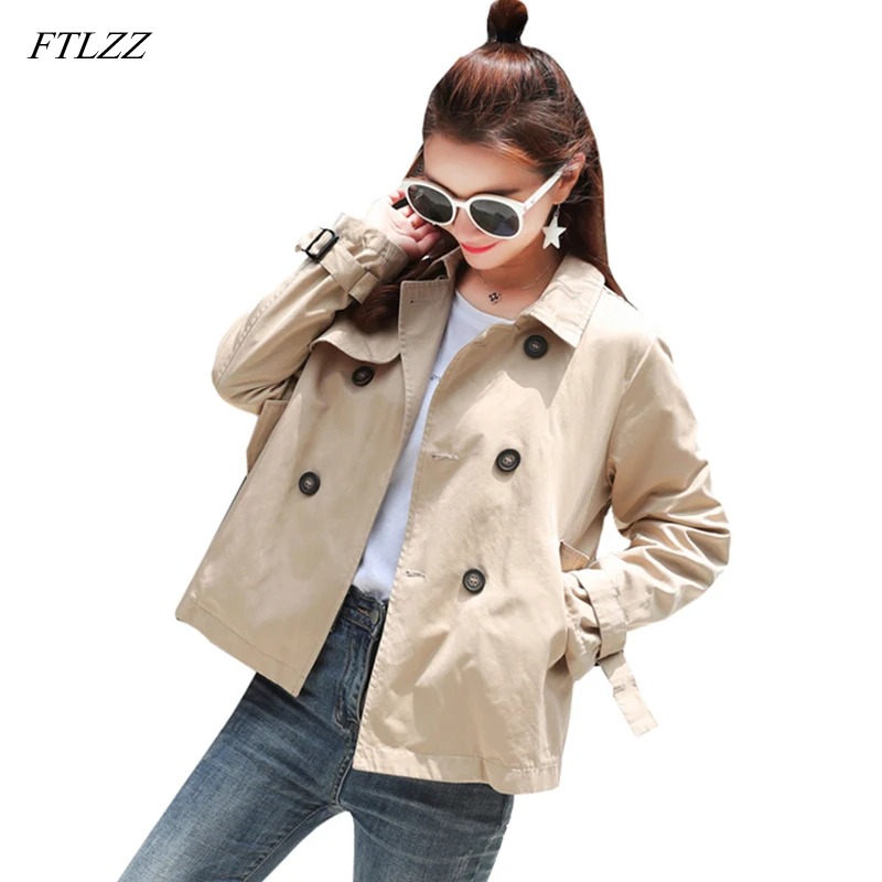 FTLZZ, Женский Тренч, пальто весна-осень, свободные, повседневные, с отложным воротником, двубортный, женская короткая верхняя одежда