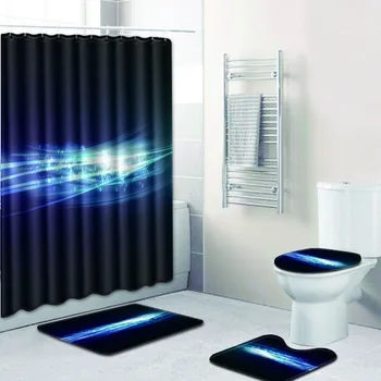 

Non-Slip Printing Toilet Rug Cover Bath Mat + Shower Curtain Set