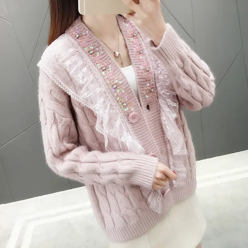 

New Autumn Fashion Lace Sequin Stitching Cardigan Women Loose Women Oversized Sweater Coat Knitted Cardigan Jacket Jumper C5710