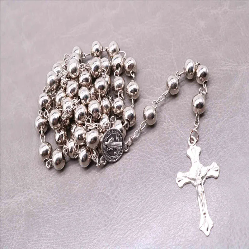 

8mm iron beads cross Saint Benedict cross necklace rosary. Classic Saint Benedict Cross Necklace