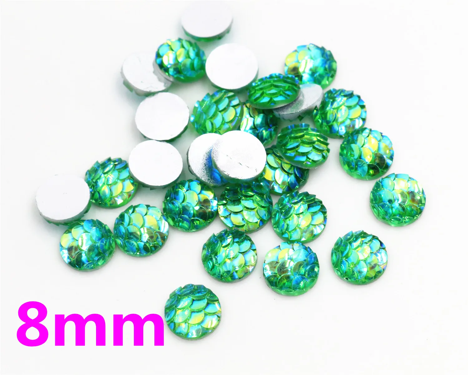 

New Fashion 8mm 40pcs Green AB Colors Fish scales Style Flat back Resin Cabochons For Bracelet Earrings accessories-O6-28