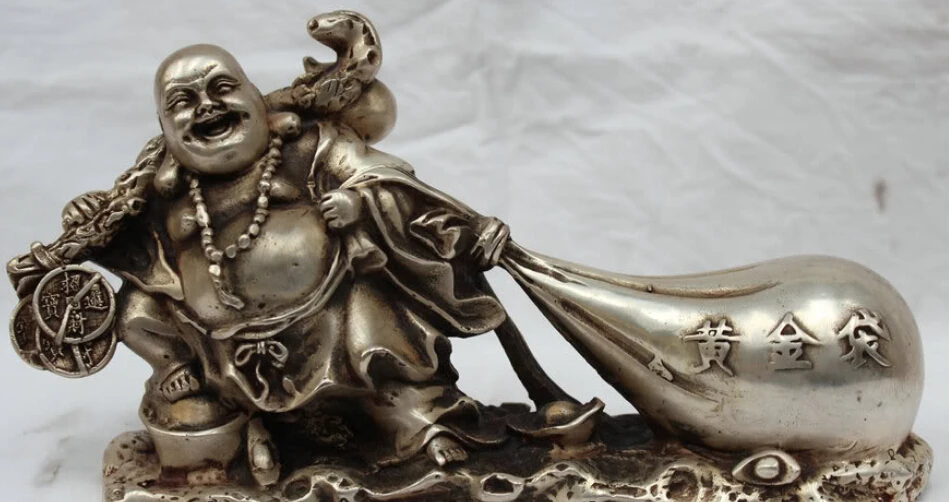 

Lucky Chinese Fengshui Silver Happy Laugh Maitreya Buddha Pull Money Bag Statue R0710
