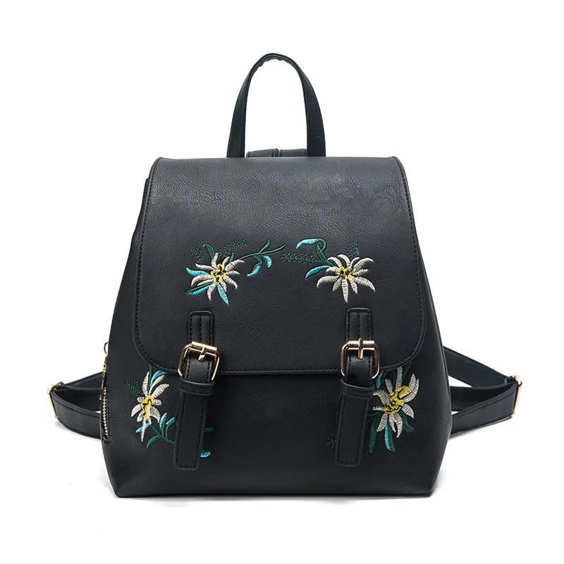 

CHALLEN Brand Female School bags for Girls Women Leather Backpacks Rucksack Small Floral Embroidery Flowers Bagpack Mochila