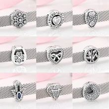 Новые 925 пробы серебряные сердца и круглой формы сверкающие CZ бусы-клипсы подходят к оригинальному отражению браслет для изготовления ювелирных изделий