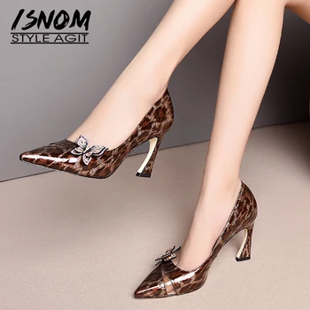 

ISNOM High Heels Pumps Women Pointed Toe Footwear Leopard Patent Leather Shoes Female Crystal Shallow Party Shoes Woman Spring