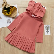 Платье для девочек коллекция года; однотонная блузка для девочек детское осеннее платье с длинными рукавами и капюшоном с заячьими ушками и рюшами детская весенняя одежда; платье