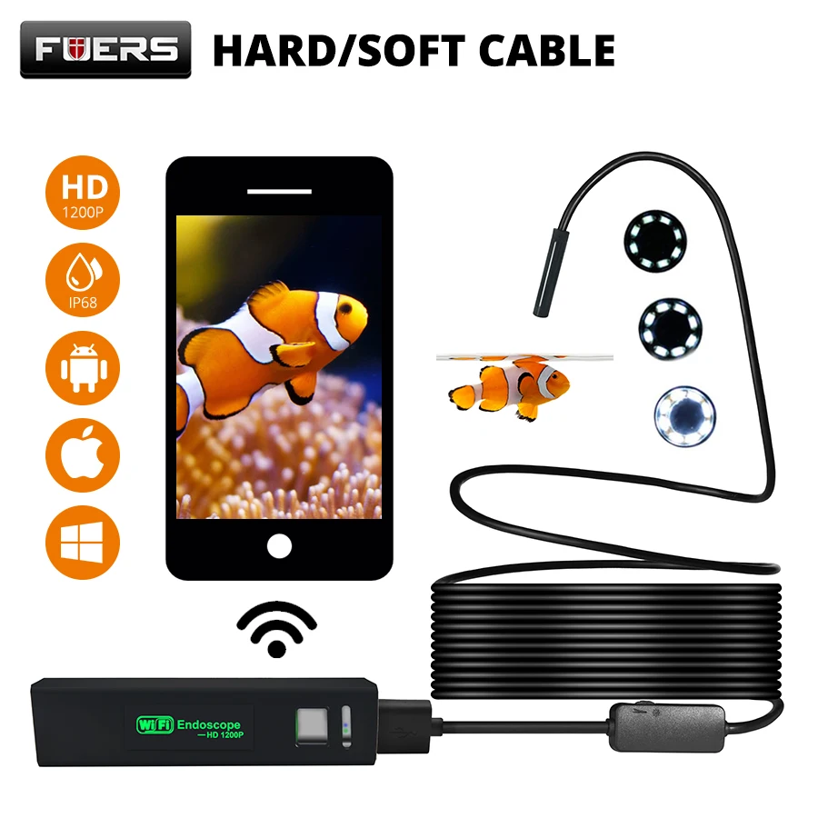 

TRINIDAD WOLF 1200P 8mm Wifi Endoscope Camera 8led Android Iphone Windows MAC Borescope Waterproof IP68 Inspection Endoscope IOS
