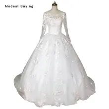 Real Dubai Ball Gown O Neck Floral Beaded Lace Long Sleeve Wedding Dresses 2017 Arabic Church Bridal Gowns abiti da sposa LW26