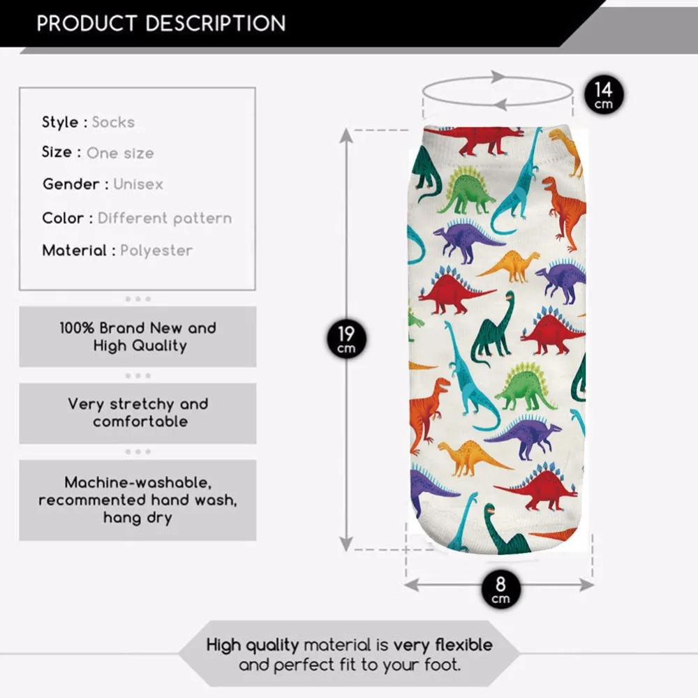 Забавные женские носки с принтом динозавра в стиле Харадзюку, 3D Повседневные хлопковые милые короткие носки унисекс для взрослых и детей