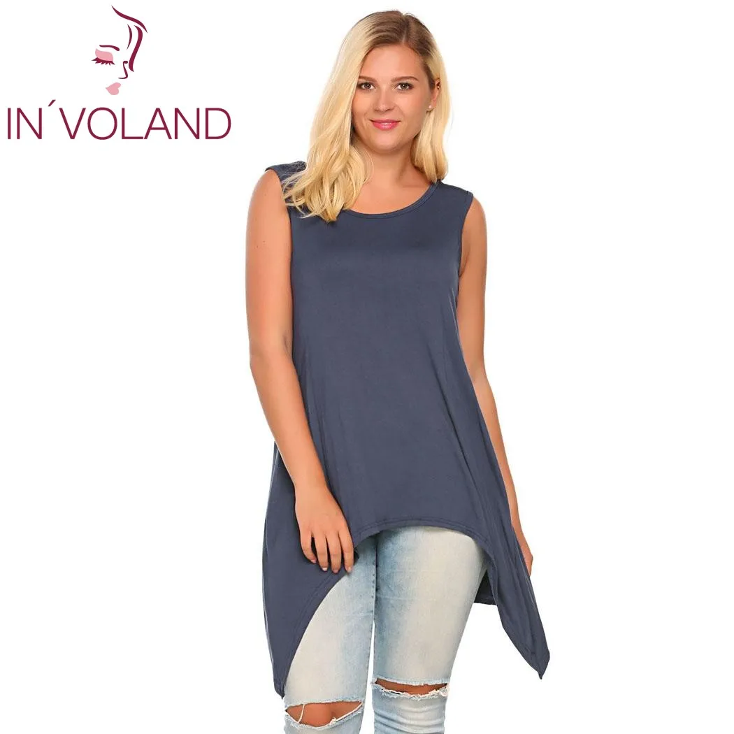 

IN'VOLAND Women Tank Top Plus Size Solid Casual Sleeveless Solid Asymmetrical Above Knee Feminino Vest Oversized XL-5XL