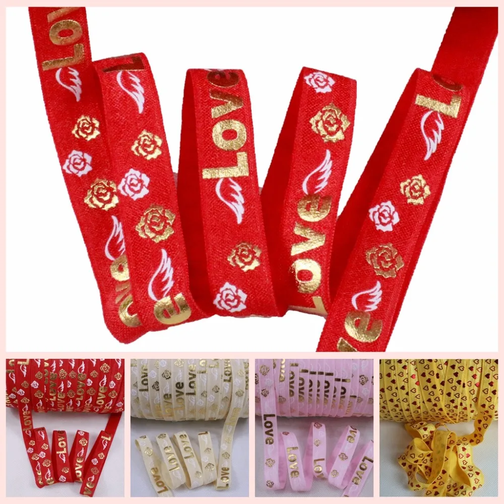

3 Colors 5/8 gold foil LOVE & rose with white wing fold over elastic for Valentine 100yards/lot