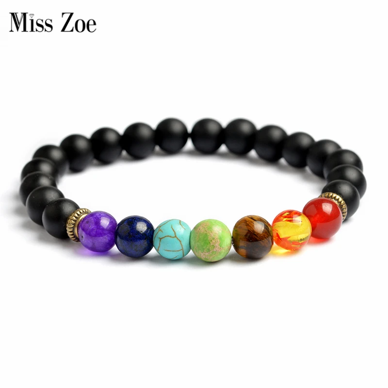 

7 Chakra multicolor bracelets Tiger eye stone Light matte black resin beads Wristband Bangle bijoux Rope Chain Women Men Jewelry
