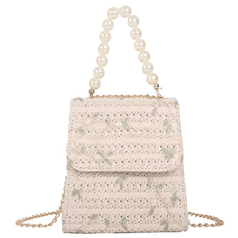 

Fashion Pearl Beaded Crossbody Handmade Straw Casual Beach Bag Flower Embroidered Sweet Shoulder Tote