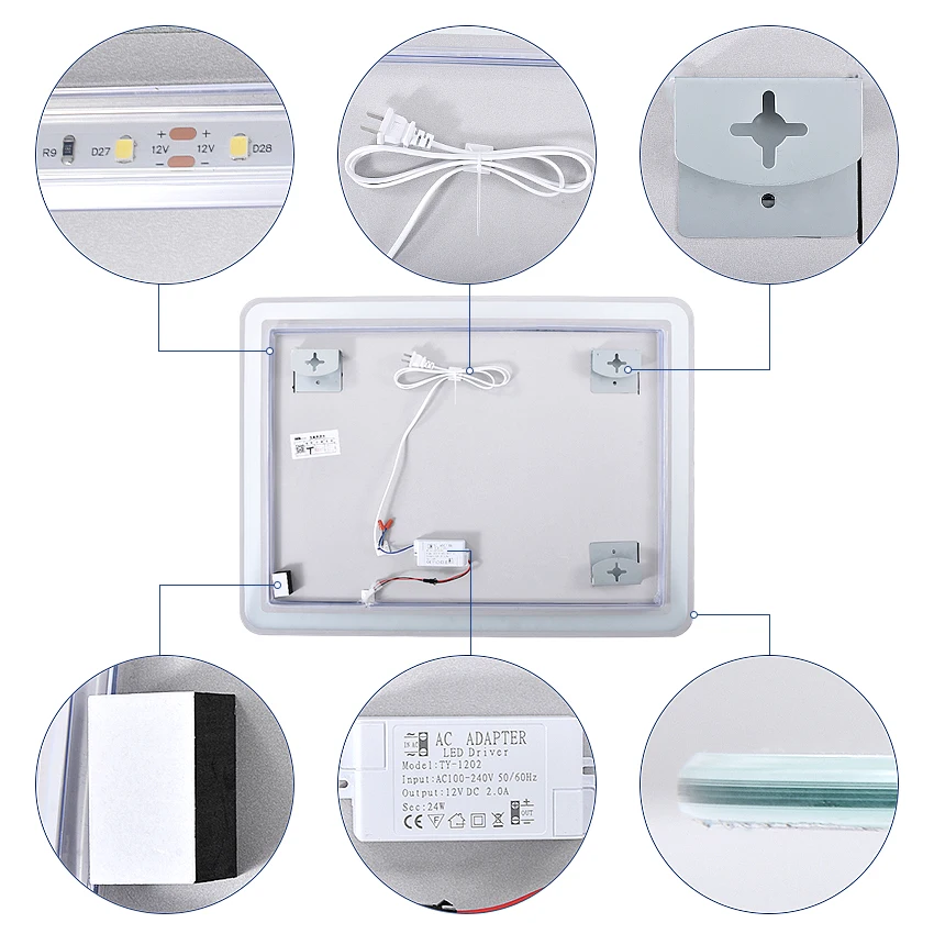 CTL305 настенное светодиодное зеркало для ванной комнаты, современное интеллектуальное HD Зеркало для ванной, противотуманное зеркало, взрывозащищенное 60*80 см, 110 В/220 В, 4,8 Вт/м, 5 мм