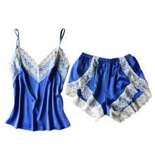 Брендовые летние женские короткие штаны, пижамные комплекты атласа и кружева лоскутное роскошь высокого класса пижамные комплекты должен D9e